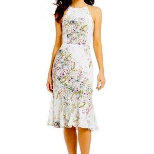 ANTONIO MELANI Ivory and Floral Halter Sheath Dress
